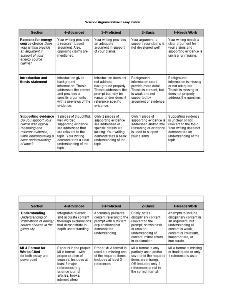 Argument essay rubric high school picture