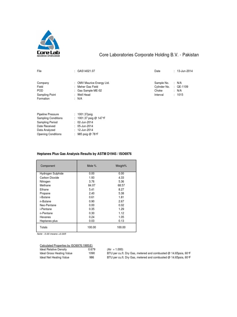 Meher Gas Field Sample Analysis Report | PDF | Technology & Engineering