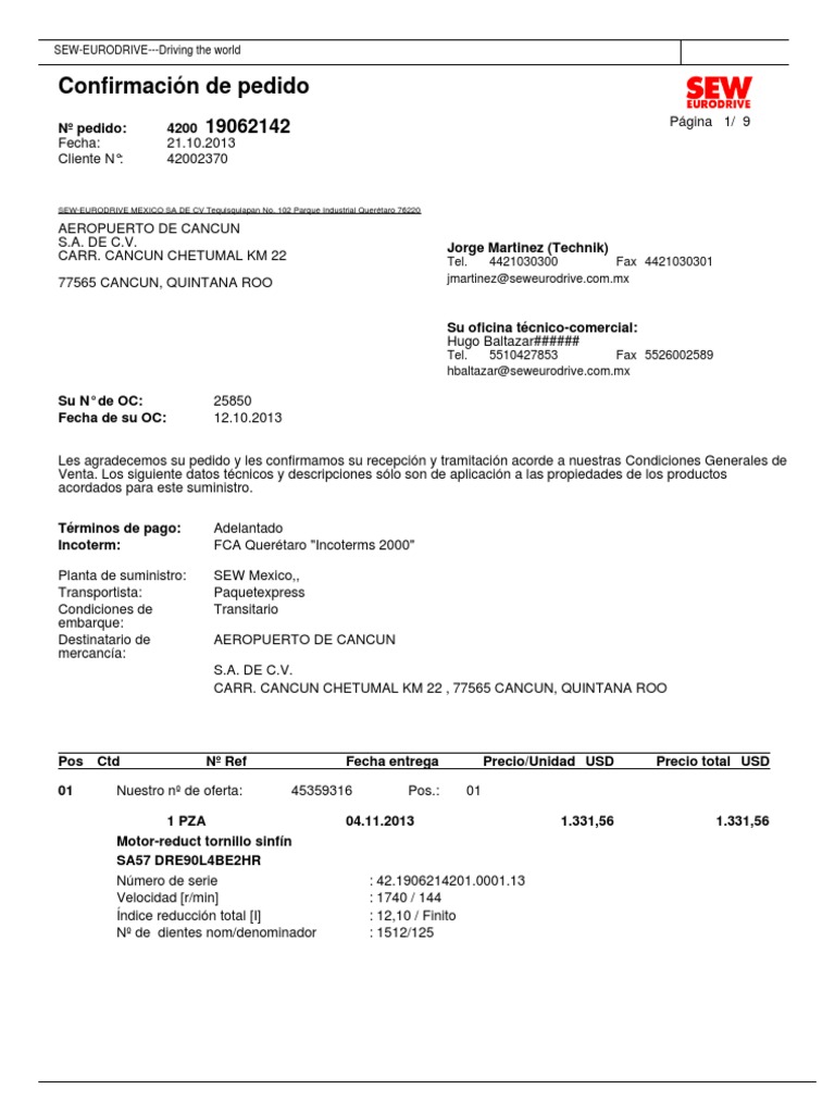 Confirmación de Pedido SEW-EURODRIVE | PDF | Energía y recursos ...