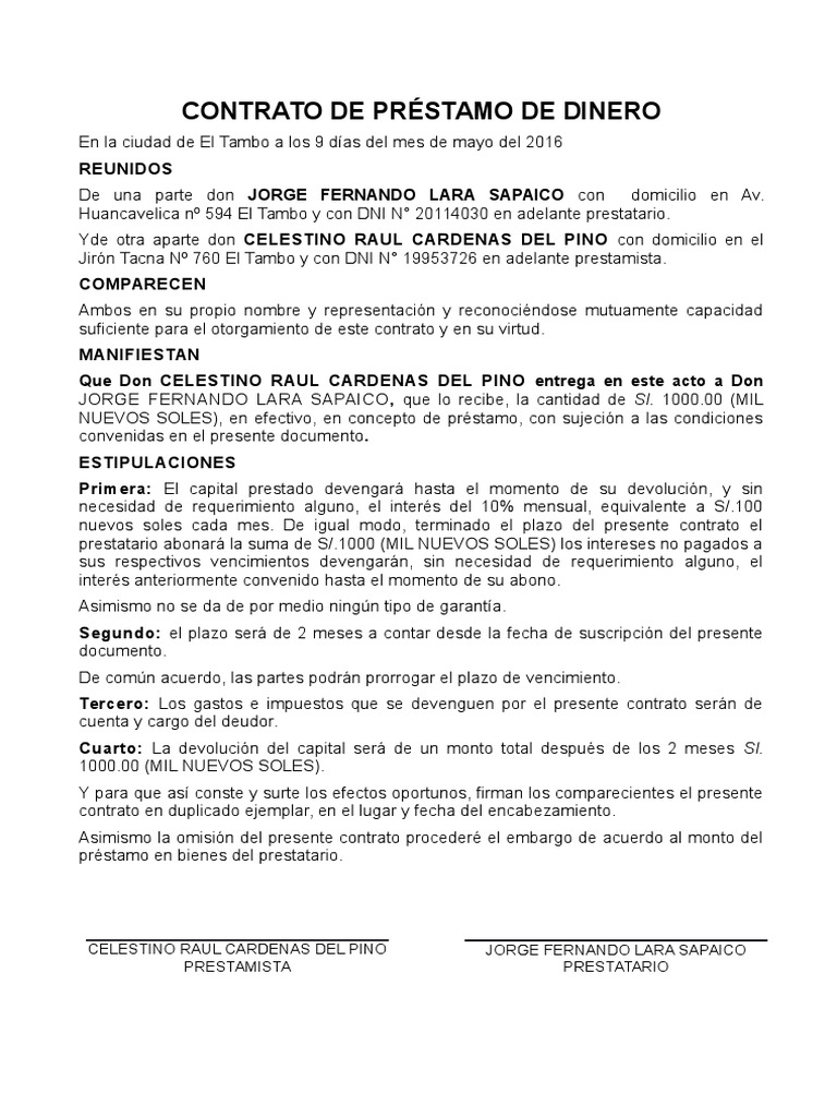 Contrato de Préstamo de Dinero Simple | PDF | Finanzas y dinero ...