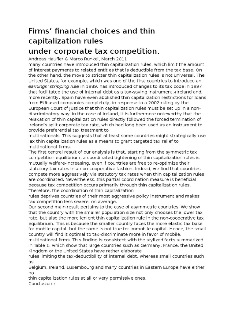 Thin Capitalization Rules and Tax Competition | PDF