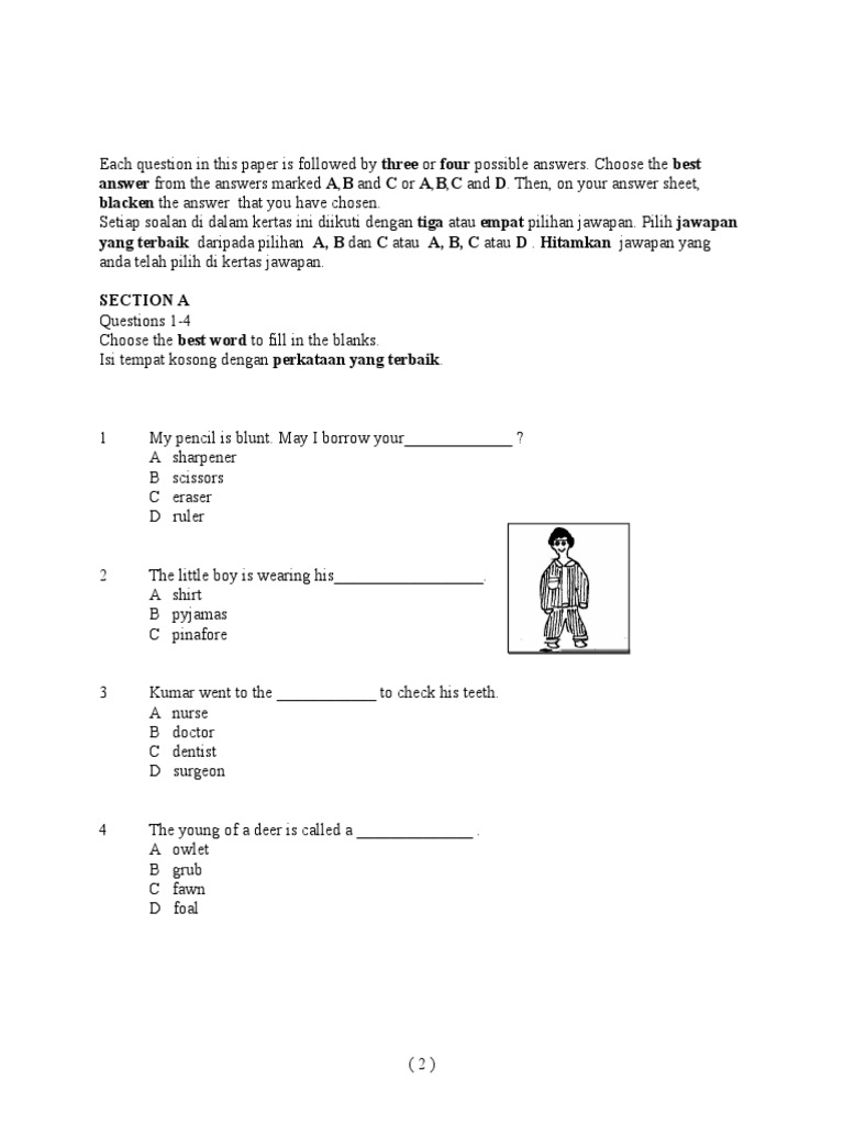 English-Malay Multiple Choice Test | PDF | Hairstyle | Human Appearance