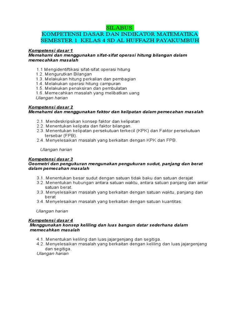 Kompetensi Dasar Dan Indikator Matematika Kelas 4 Pyk