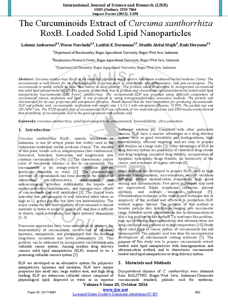 The Curcuminoids Extract of Curcuma Xanthorrhiza RoxB. Loaded Solid ...