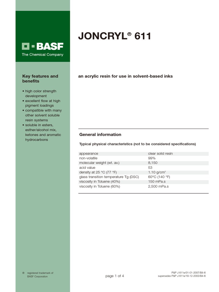 Joncryl 611 TDS PDF | PDF | Solvent | Acetate