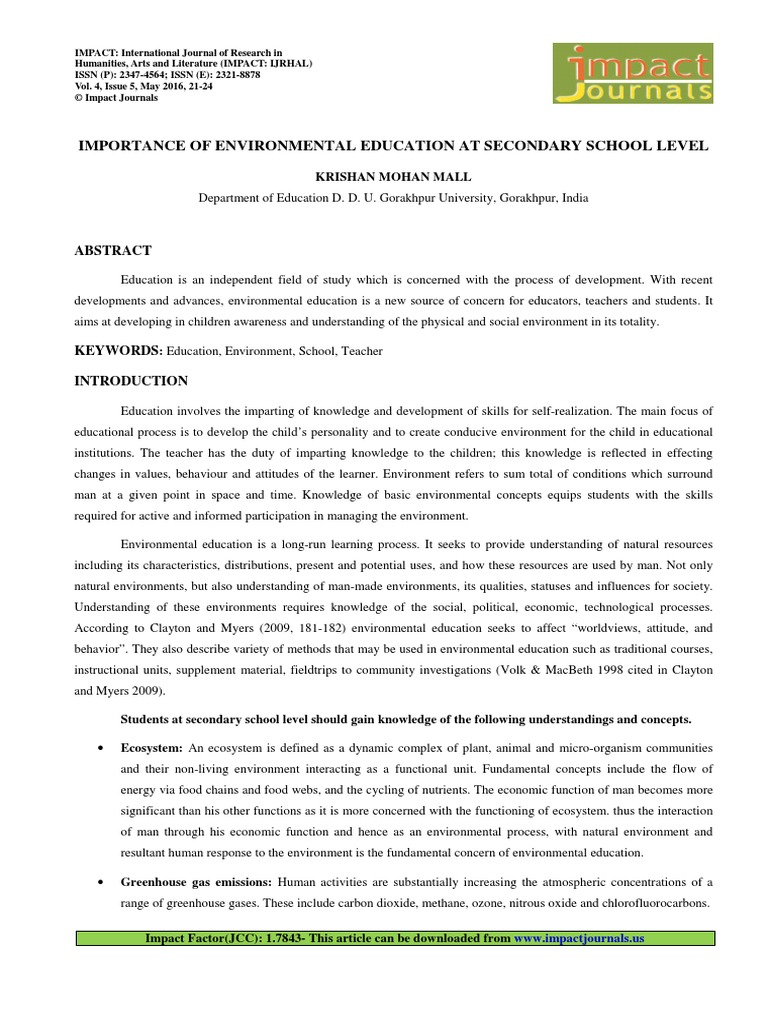 Importance of Environmental Education at Secondary School Level | PDF ...