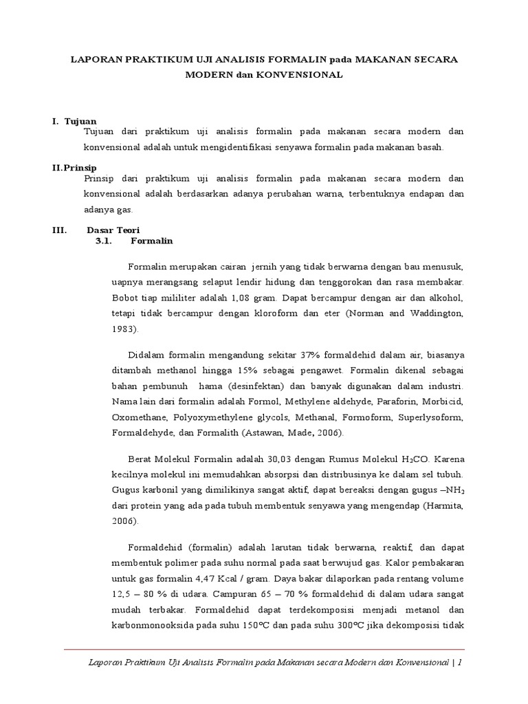 Laporan Praktikum Uji Analisis Formalin Pada Makanan Secara Modern Dan Konvensional Docx