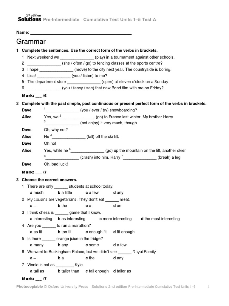 Solutions Pre-Intermediate Second Edition Cumulative Tests Unit 01.