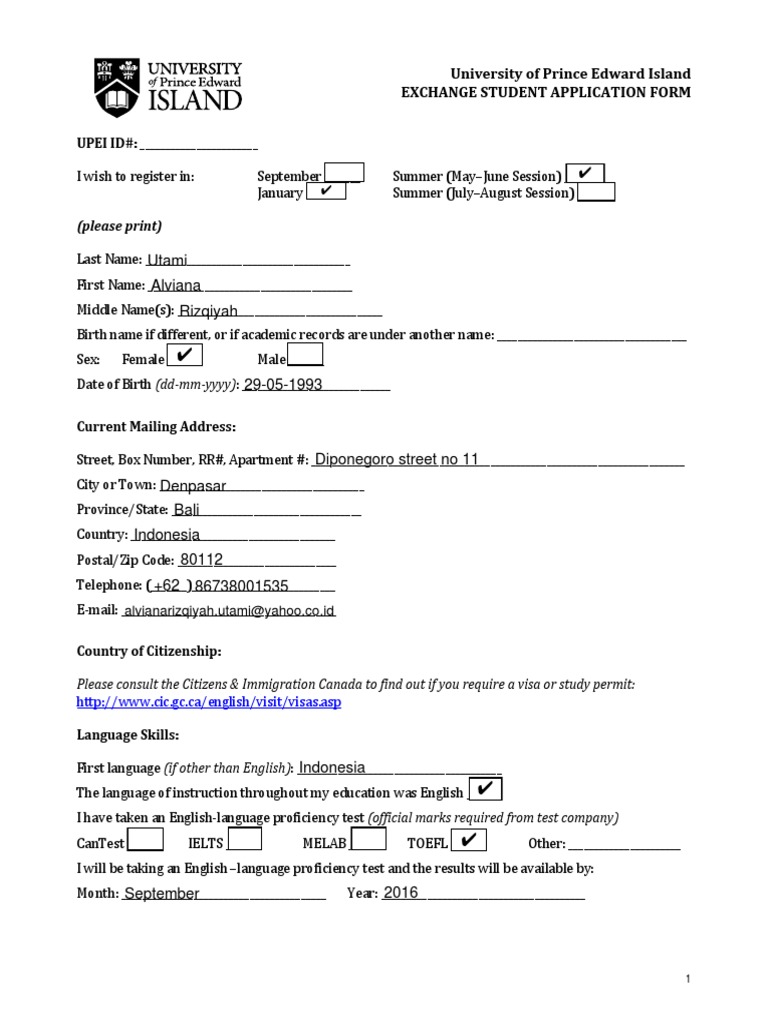 UPEI Exchange Student Form | PDF