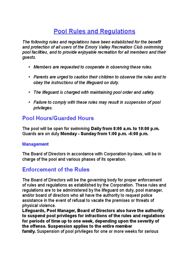 Pool Rules | PDF | Diving | Swimming Pool