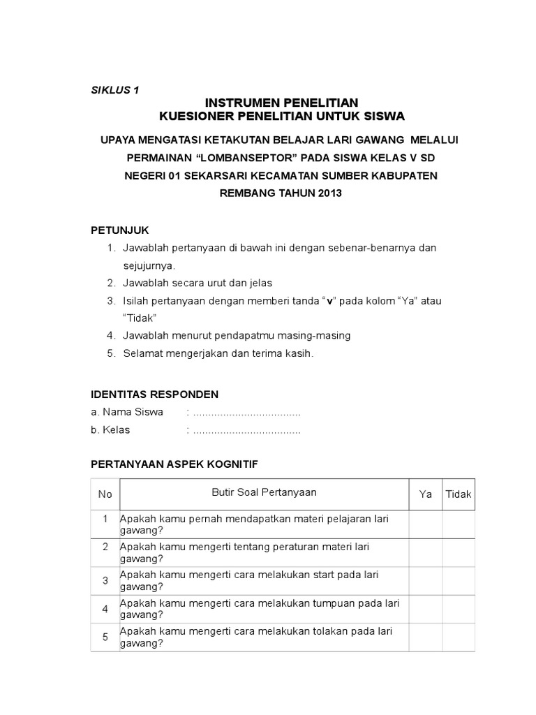 Instrumen Angket Kognitif