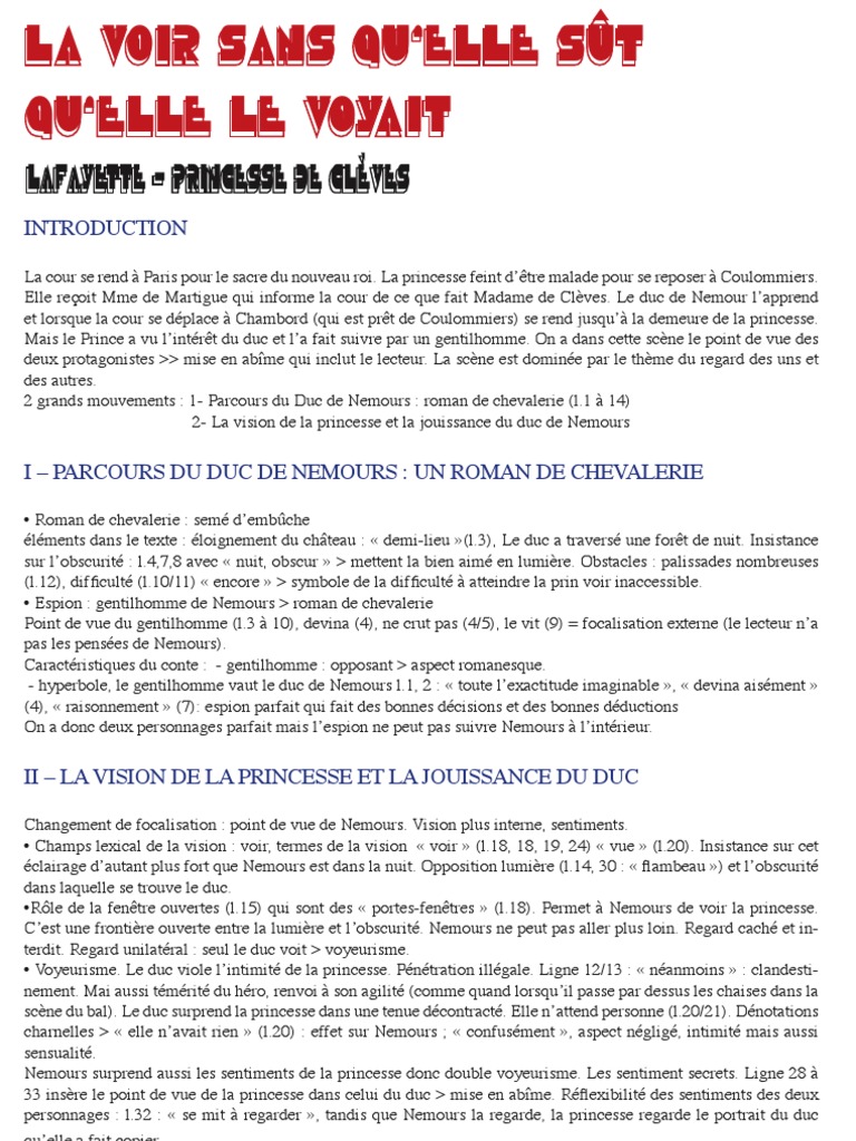 Fiche De Révision La Princesse De Clèves Scène Du Pavillon Lecture Linéaire La Princesse de Clèves Duc de de Nemours  Lafayette | PDF | Romans