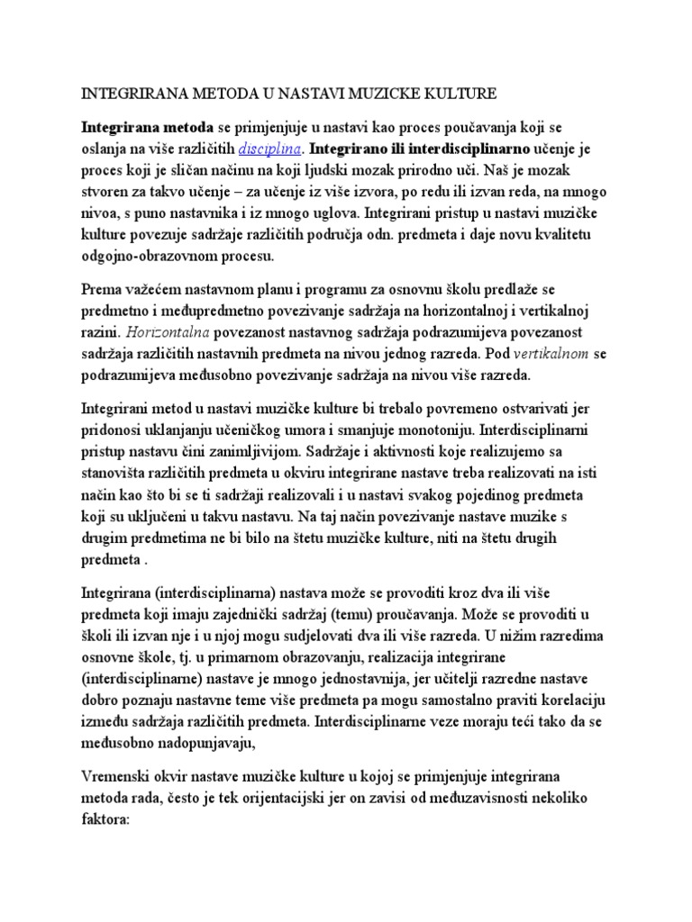 Integrirana Metoda U Nastavi Muzicke Kulture | PDF