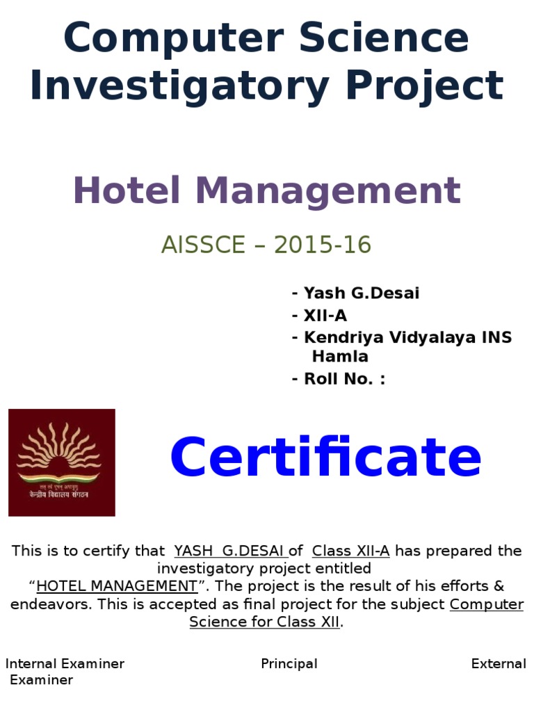 Computer Science Investigatory Project: Hotel Management | PDF ...