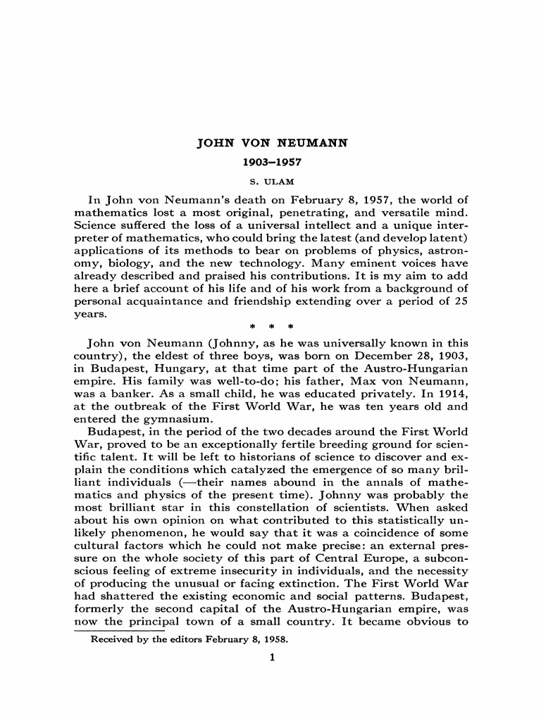 John Von Neumann by S. Ulam | PDF | Axiom | Measure (Mathematics)
