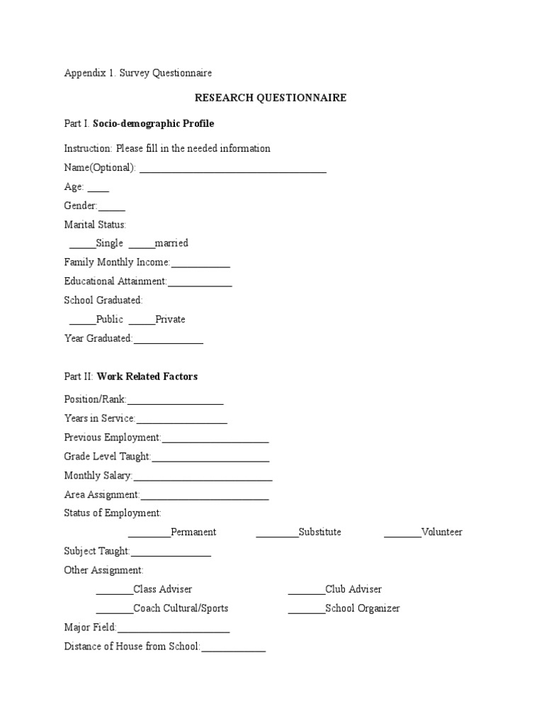 questionnaire survey sample for thesis