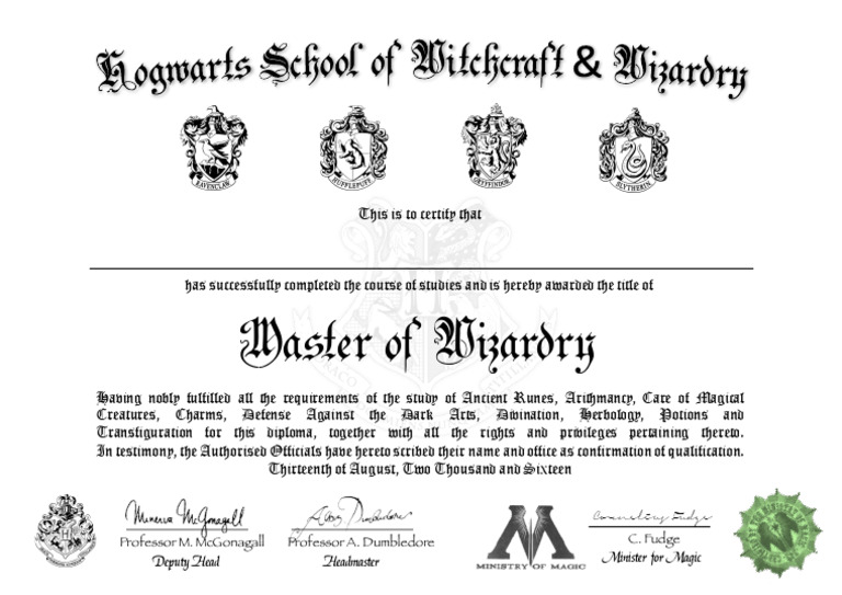 Hogwarts Diploma  PDF  Mythopoeia  Fantasy Novels Within Harry Potter Certificate Template