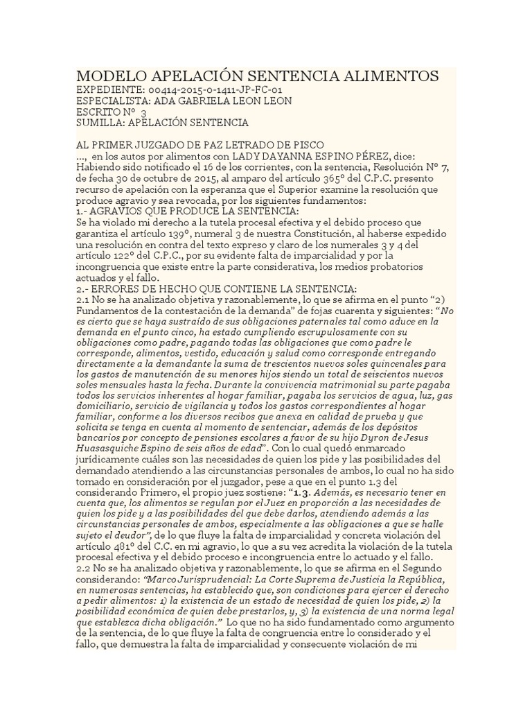 Modelo Apelación Sentencia Alimentos Pensión alimenticia Debido al