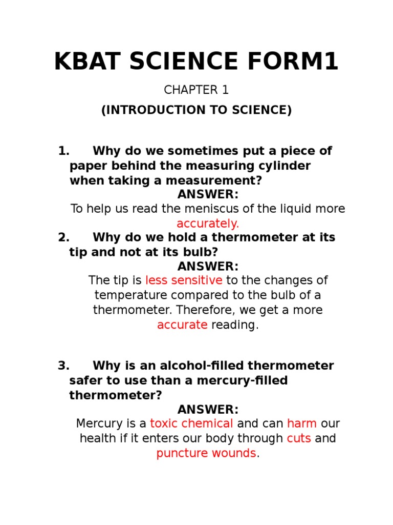 Form 1 Science KBAT Questions | PDF | Science & Mathematics
