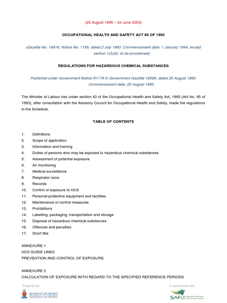 85 of 1993 Occupational Health and Safety Act Regs GNR 1179 25 Aug