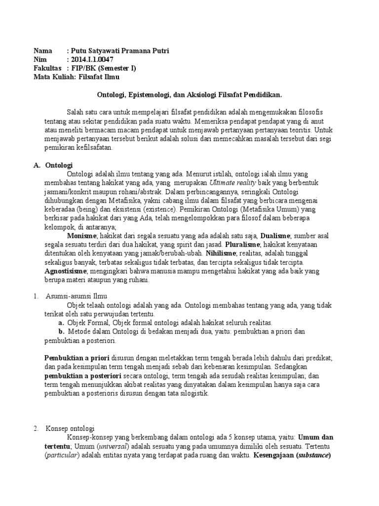 Ontologi Estimologi Aksiologi