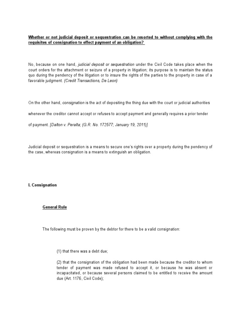 Consignation vs. Judicial Deposit Explained | PDF | Judgment (Law ...