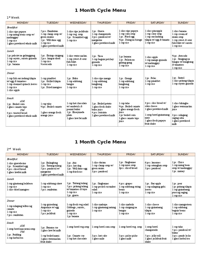 1 Month Cycle Menu Lea Foods Food & Wine