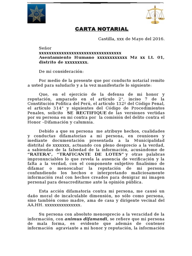 Carta Notarial Por Difamacion y Calumnia