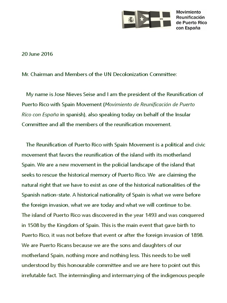 Reunification of Puerto Rico With Spain Movement Speech at The UN ...
