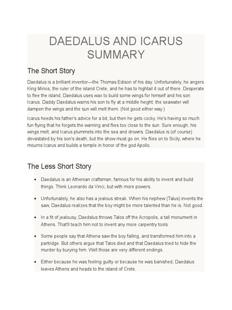 Daedalus and Icarus Summary Minotaur Theseus