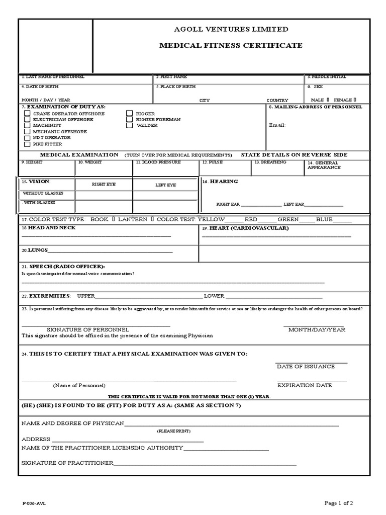 8.1 AVL Blank Medical Fitness Report PDF Physical Examination