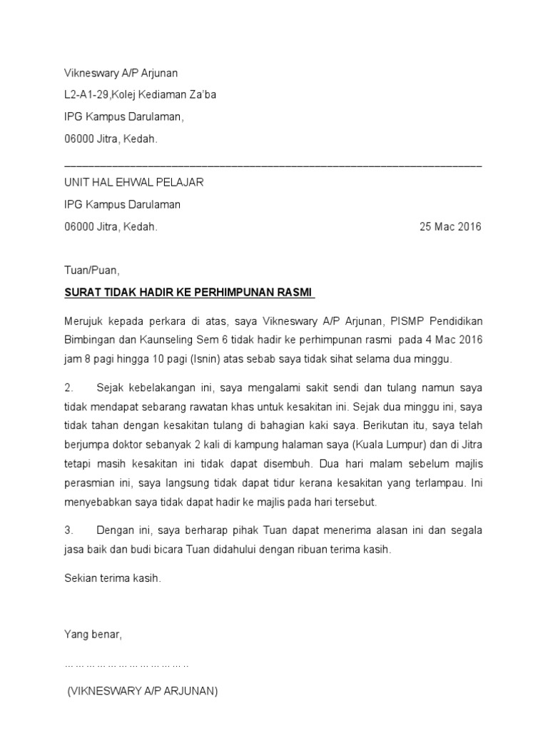 Surat Tidak Hadir Ke Perhimpunan Rasmi Pdf