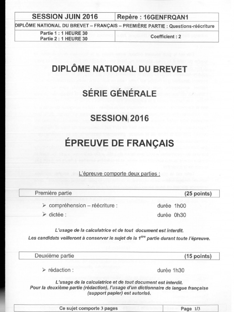 Sujet Brevet Français 2016 Corrigé Pdf