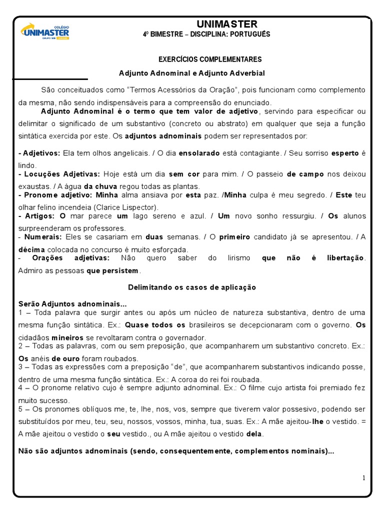 Adjunto Adverbial X Adjunto Adnominal Gabarito | PDF | Pronome ...
