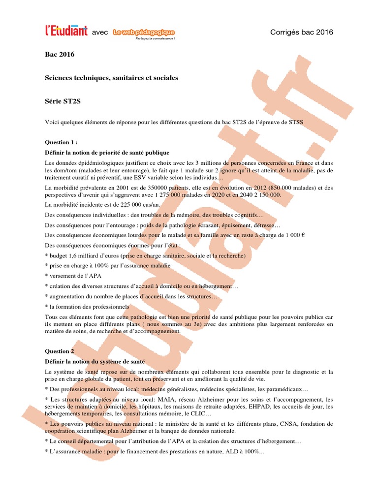 Corrigé Bac St2s 2020 Sciences Et Techniques Sanitaires Et Sociales Bac ST2S 2016 Corrige STSS | PDF | Médecine | Bien-être