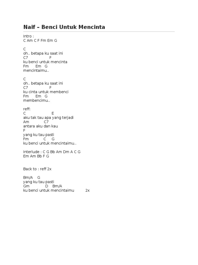 Benci Untuk Mencinta Chord Piano