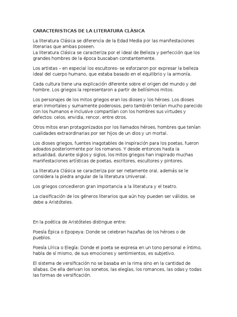 Caracteristicas de La Literatura Clàsica Literatura