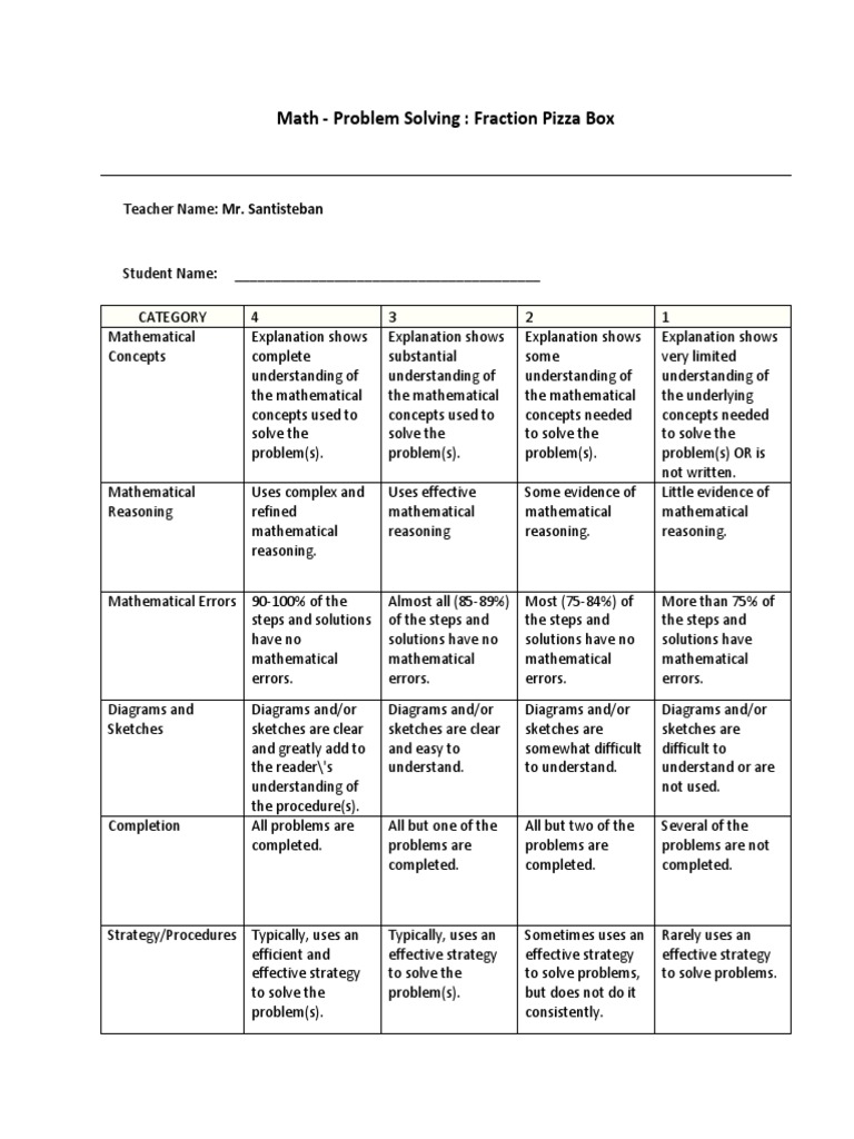 fractions pizza box rubric
