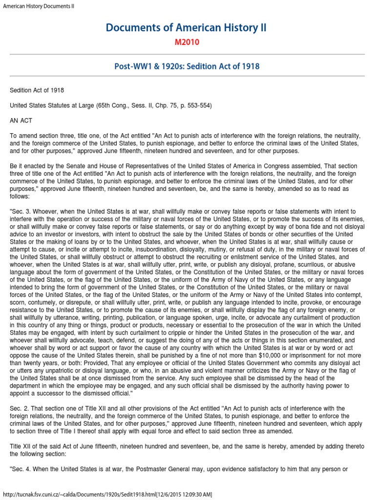 Sedition Act of 1918 | PDF | Making False Statements | Mail