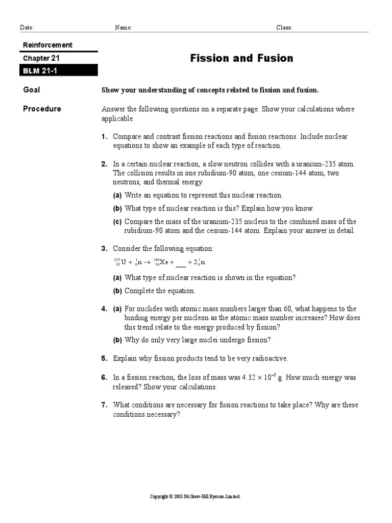 Fission and Fusion Worksheet | PDF | Nuclear Reaction | Nuclear Fission