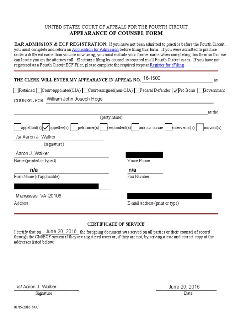 Appearance of Counsel Form Bar Admission & Ecf Registration PDF