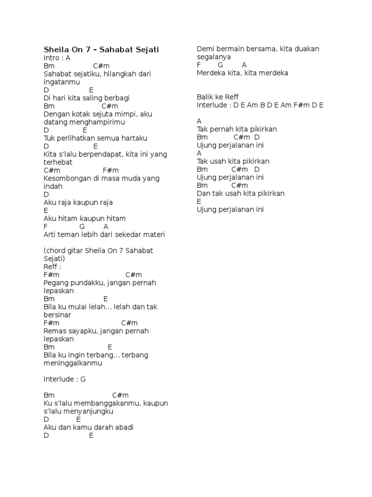Kunci Gitar Sheila On 7 Sahabat Sejati