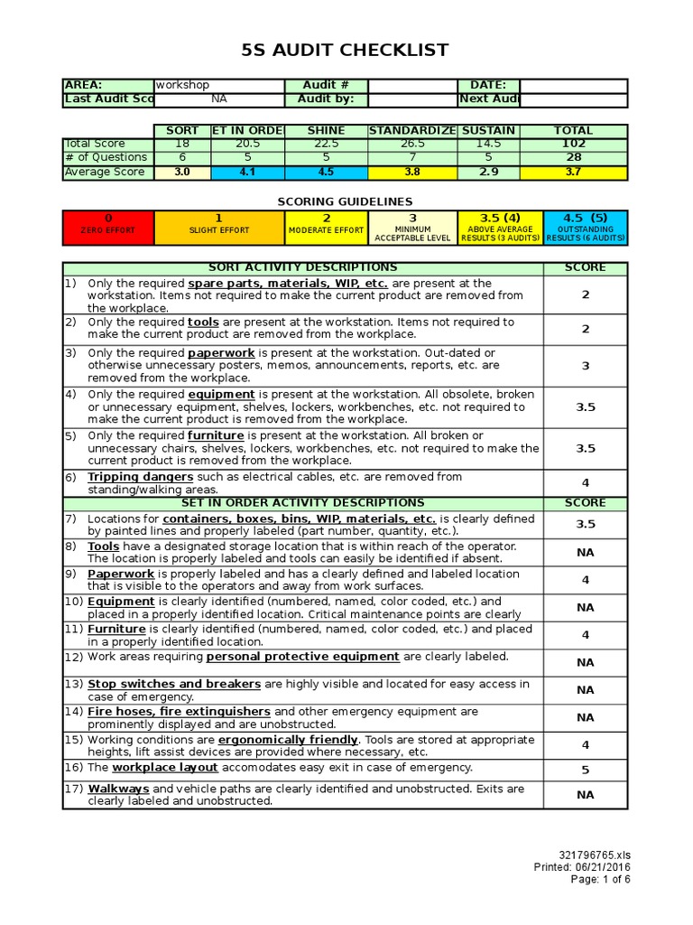 5s Checklist Template Excel