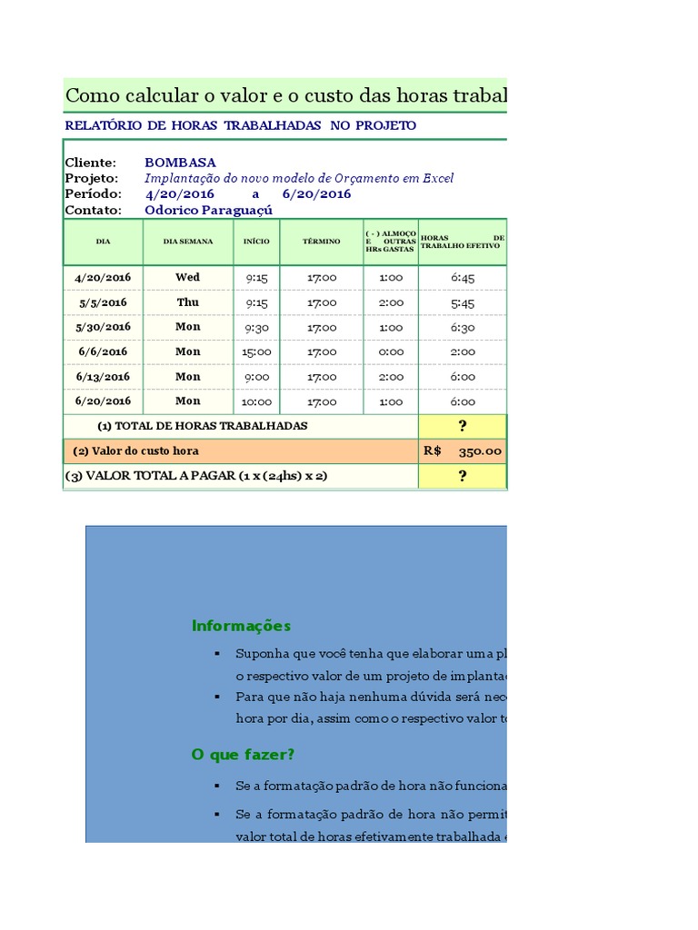 CALCULO DE HORAS TRABALHADAS EM UM PROJETO Planilha C lculo