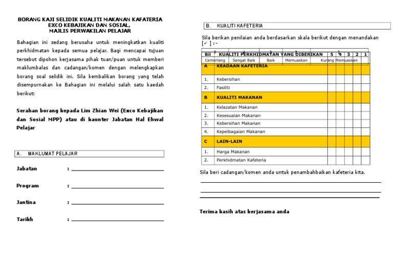 Borang Soal Selidik Kafeteria