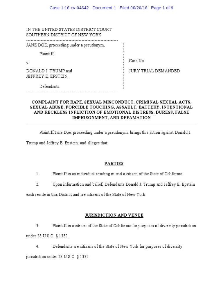 Donald Trump & Jeffrey Epstein Rape Lawsuit and Affidavits 