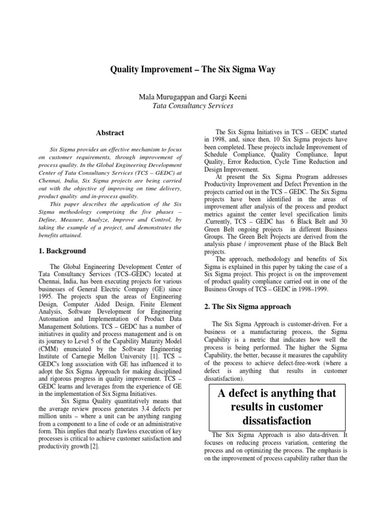 Six Sigma Quality Improvement in TCS | PDF | Six Sigma | Quality (Business)