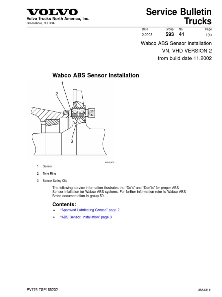 Wabco ABS Sensor Installation Anti Lock Braking System Land Vehicles