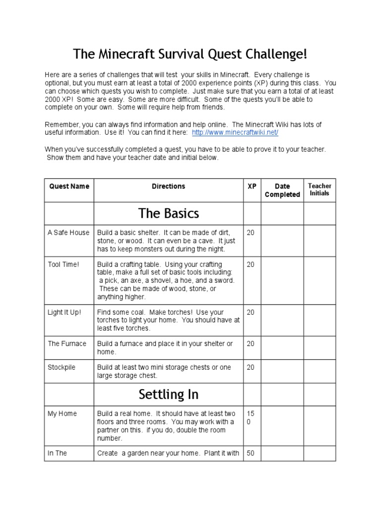 Minecraft Survival Quest Checklist | PDF | Minecraft | Leisure