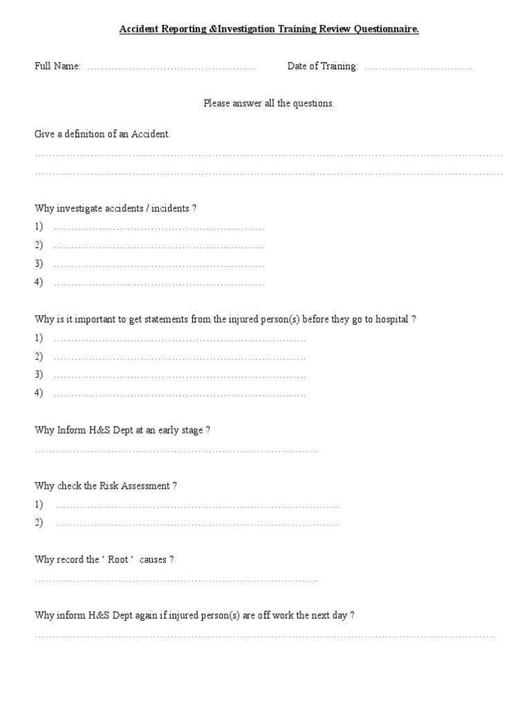 Accident Reporting Questionnaire | PDF